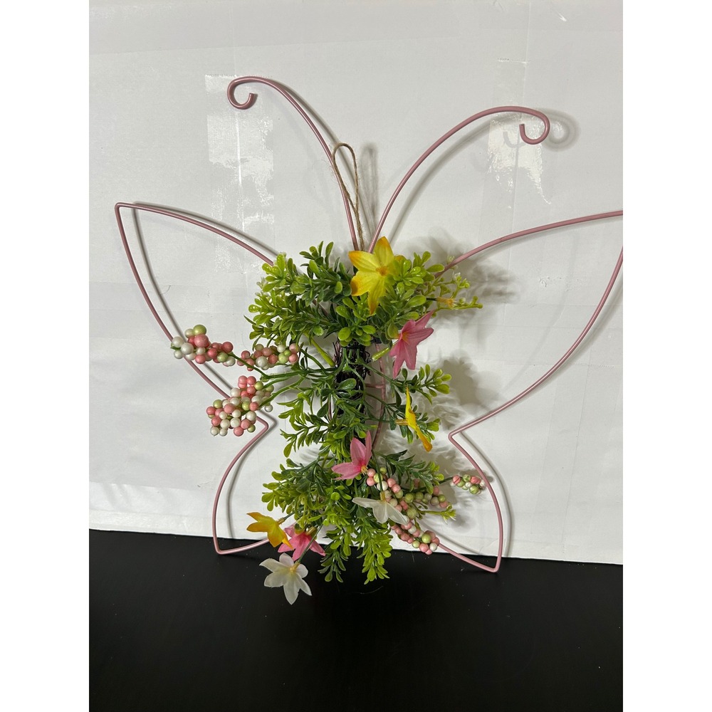Butterfly Wall Decor Pink Metal Wire Floral Spring Wreath Faux Berries Home